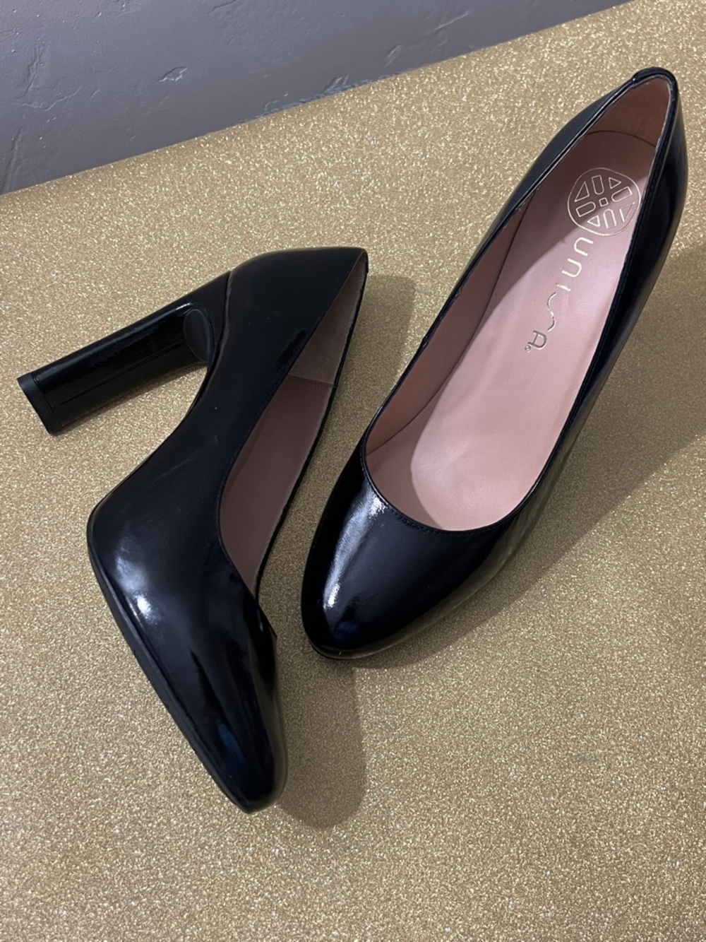 Barely Used Unisa Black Patent Round-Toe Block Heel Pumps